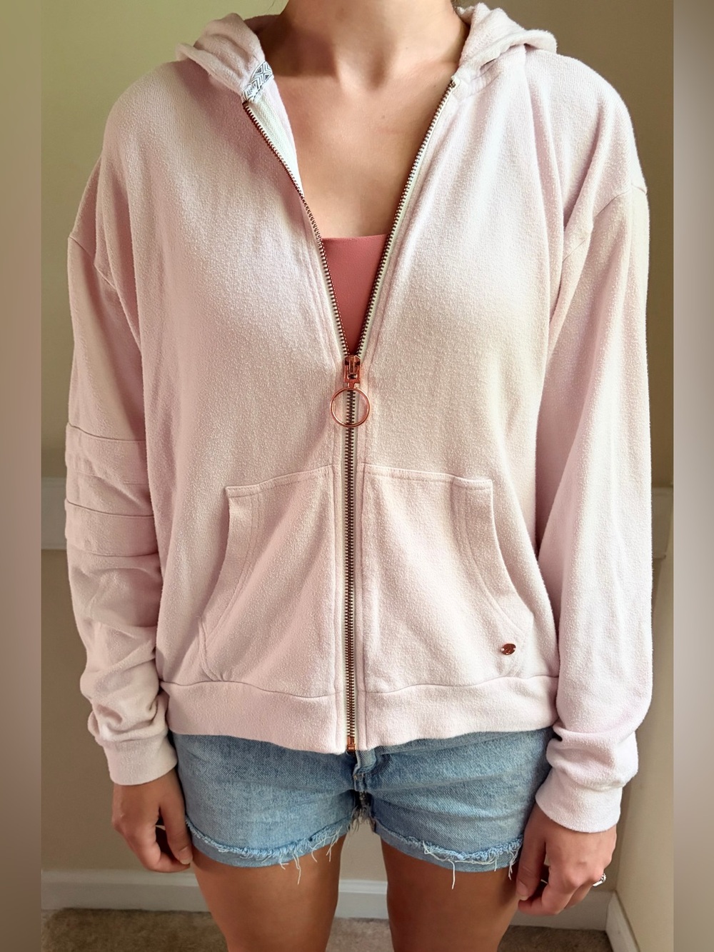 Volcom Women’s Live In Lounge Zip-Up Hoodie Pastel Pink Size M/L Rose Gold Zip
